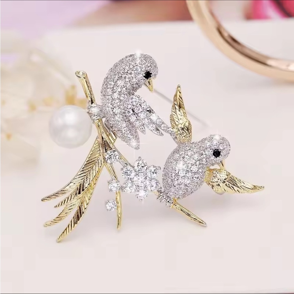 Anthro! New! Vintage zircon Silver and Gold Bird Brooch